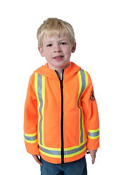 child wearing Lil Workers orange hi viz hoodie