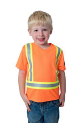 Child wearing Lil Workers orange hi viz shirt